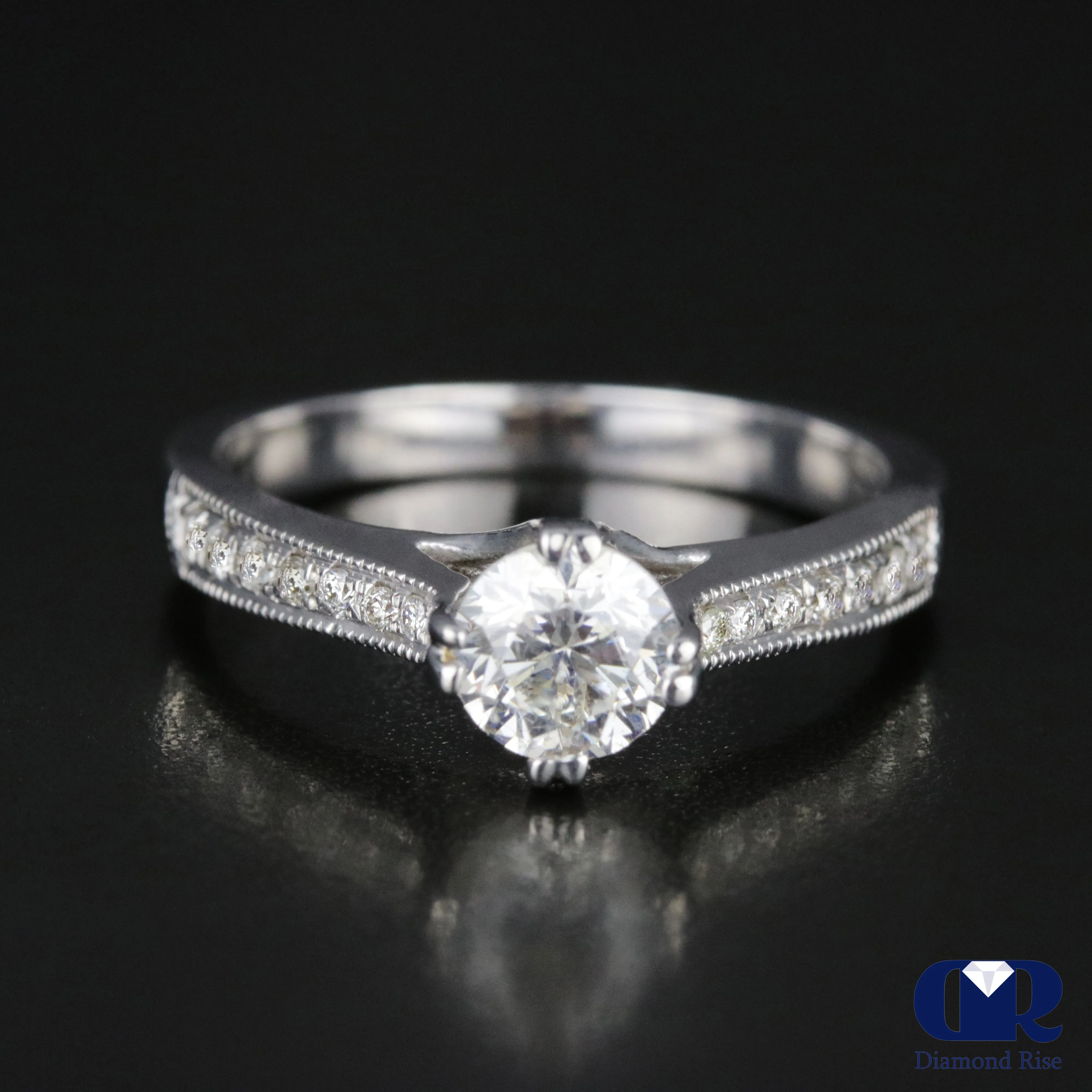 0.75 Carat Round Cut Diamond Engagement Ring In 14K White Gold
