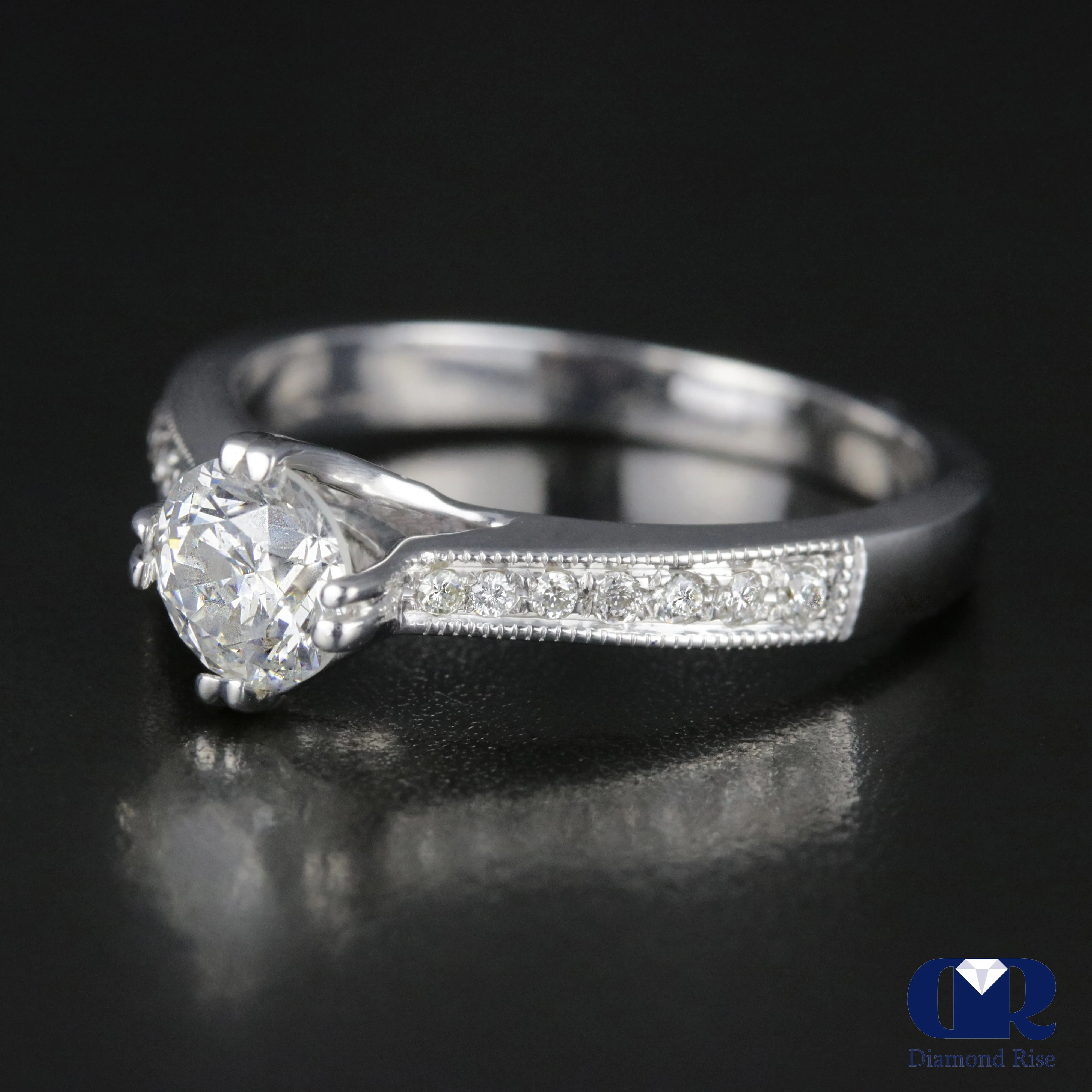 0.75 Carat Round Cut Diamond Engagement Ring In 14K White Gold