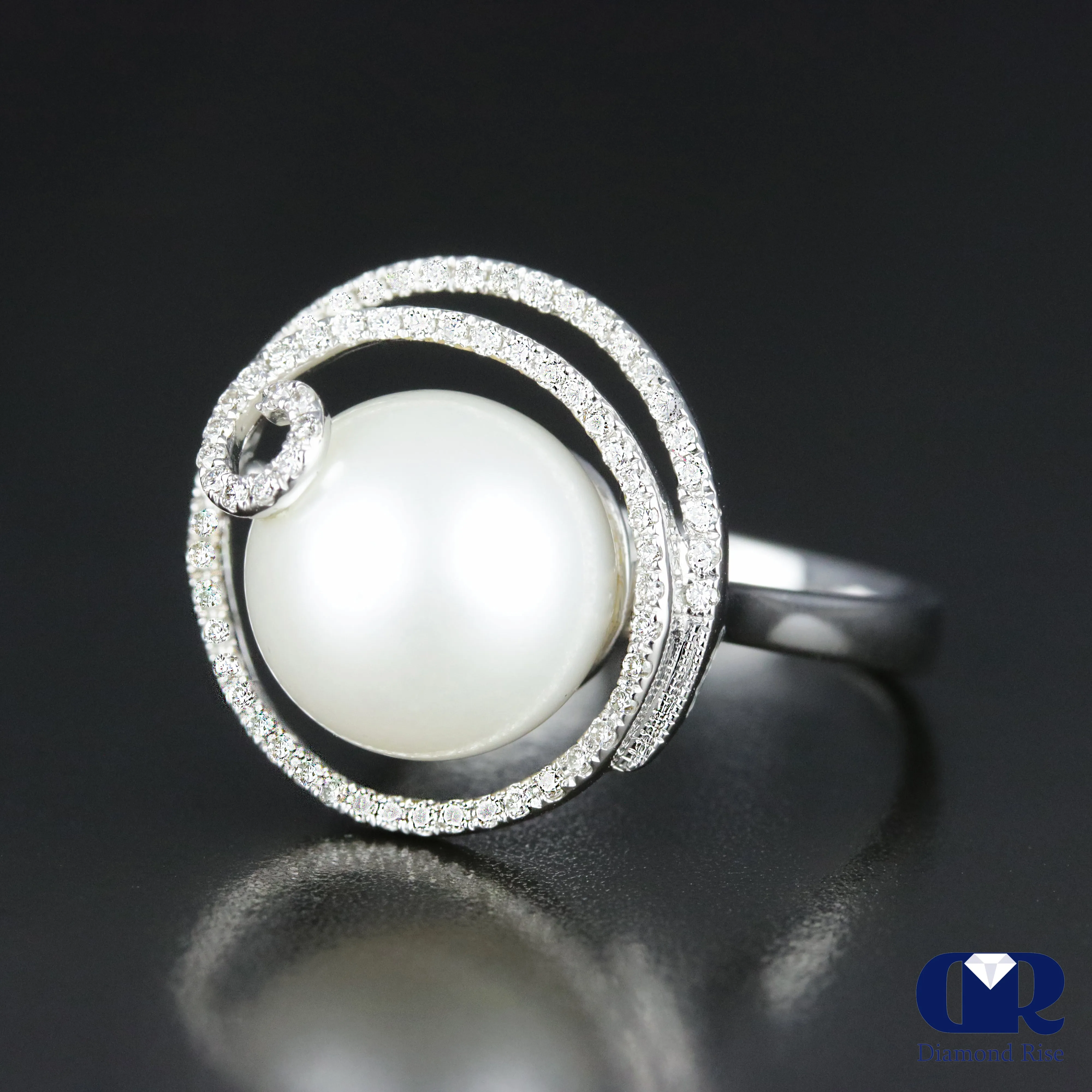 10 mm South Sea Culture Peal With Diamond Engagement Ring In 18K White Gold