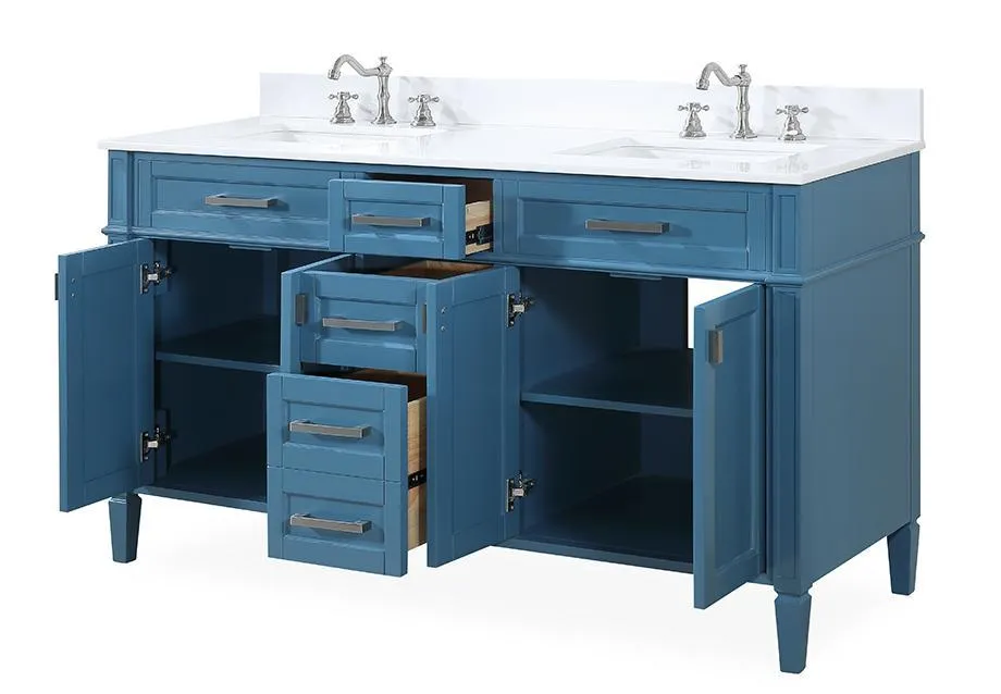 60" Tennant Brand Durand Modern Teal Blue Double Sink Bathroom Vanity QT-1808-D60TB