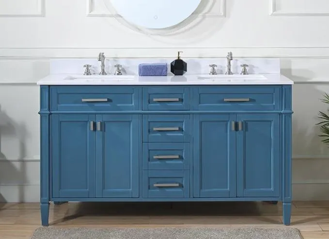 60" Tennant Brand Durand Modern Teal Blue Double Sink Bathroom Vanity QT-1808-D60TB
