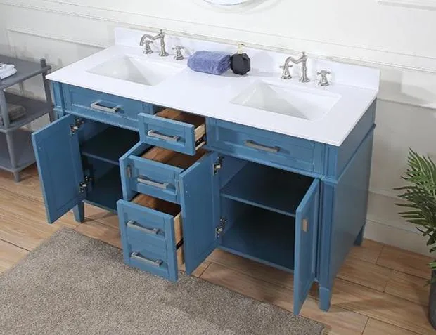 60" Tennant Brand Durand Modern Teal Blue Double Sink Bathroom Vanity QT-1808-D60TB