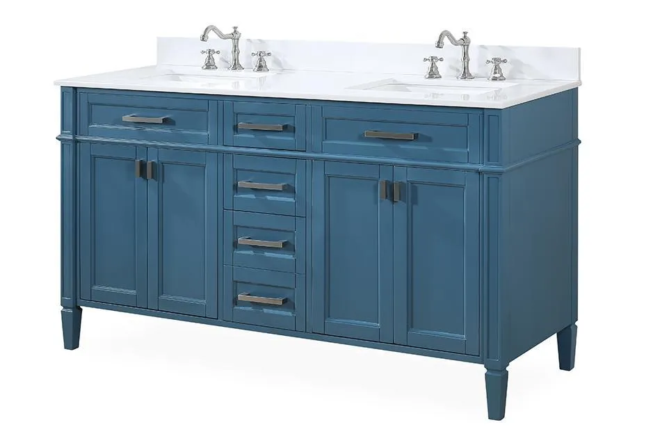60" Tennant Brand Durand Modern Teal Blue Double Sink Bathroom Vanity QT-1808-D60TB