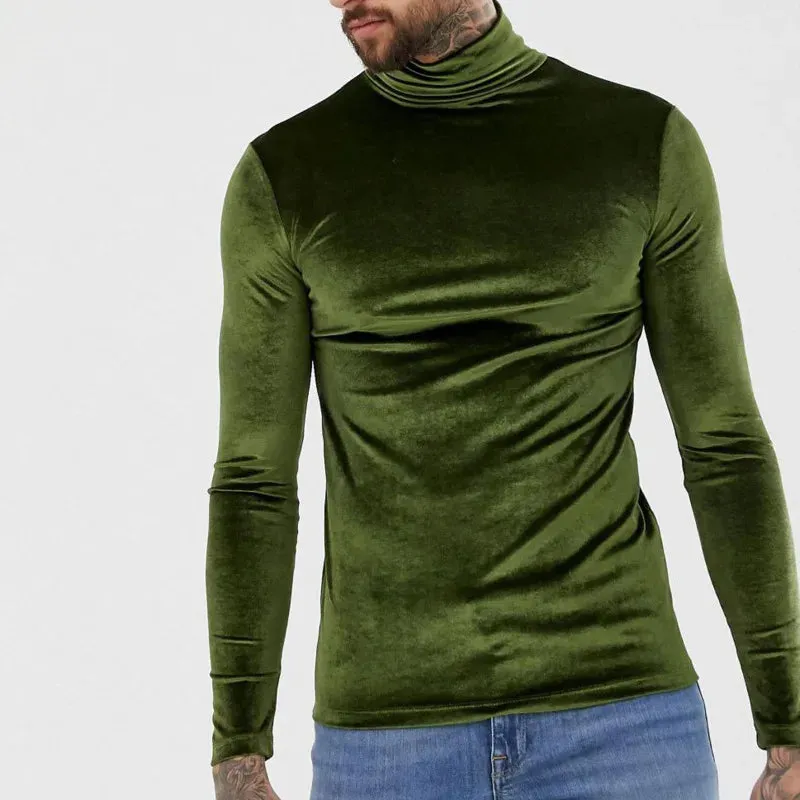 Autumn Men's T-shirts Pleuche Slim Turtleneck Long Sleeve Solid Color Casual Male Pullover Clothing Simple 9C6643