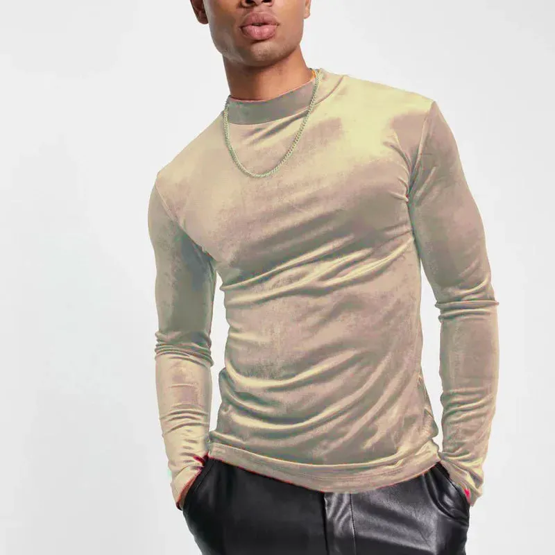 Autumn Men's T-shirts Pleuche Slim Turtleneck Long Sleeve Solid Color Casual Male Pullover Clothing Simple 9C6643
