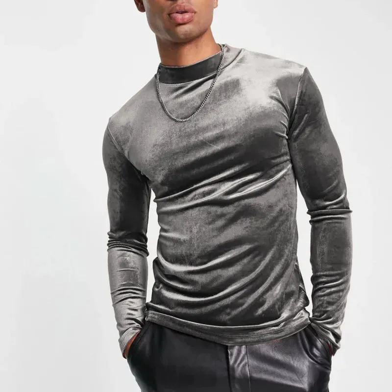 Autumn Men's T-shirts Pleuche Slim Turtleneck Long Sleeve Solid Color Casual Male Pullover Clothing Simple 9C6643