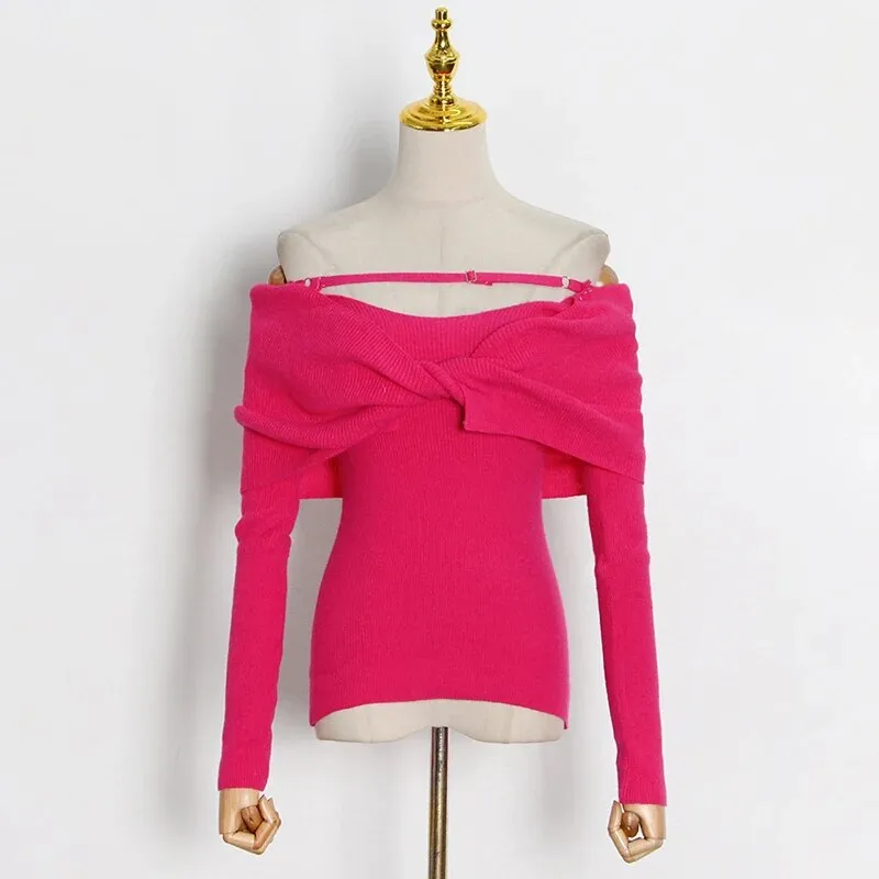 Casual Slim Knitted Pullovers For Women Slash Neck Long Sleeve Elegant Sweater Female Fashion Clothing