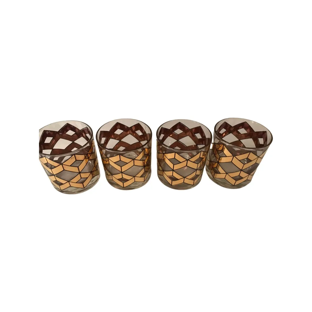 Culver Mid-Century Gold Herringbone Double Old Fashion Glasses (Set of 4)