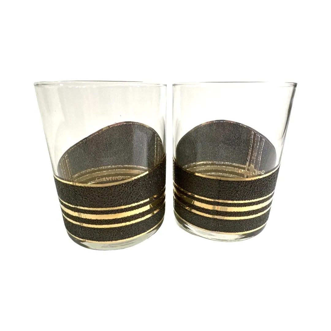 Culver Signed Mid-Century Black and Gold Textured Double Old Fashion Glasses (Set of 2)