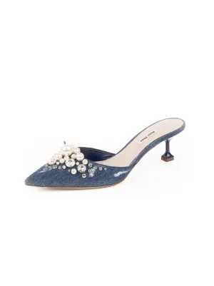 Embellished Denim Mules - Denim