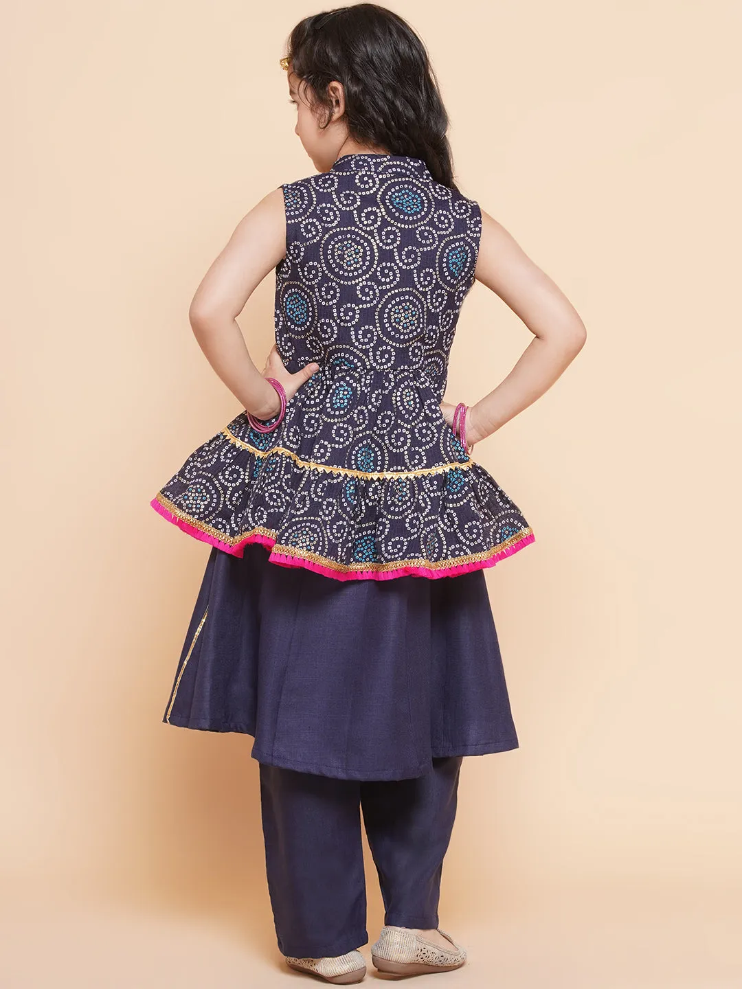 Girl's  Navy Blue Kurta Set  With Shrug - Bitiya By Bhama