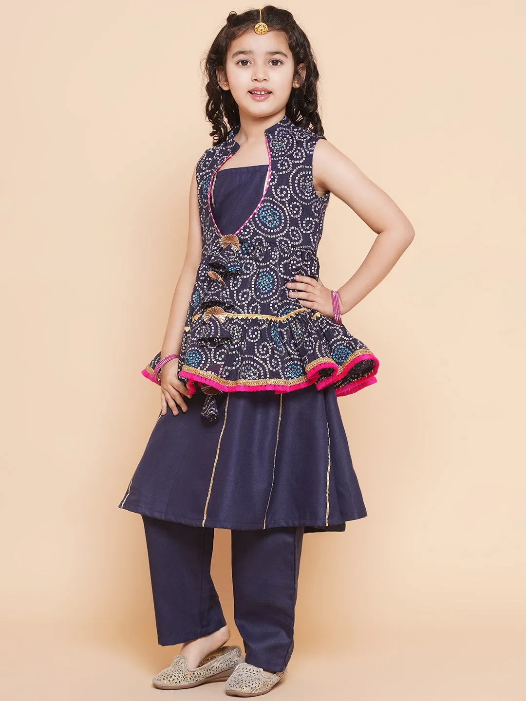 Girl's  Navy Blue Kurta Set  With Shrug - Bitiya By Bhama