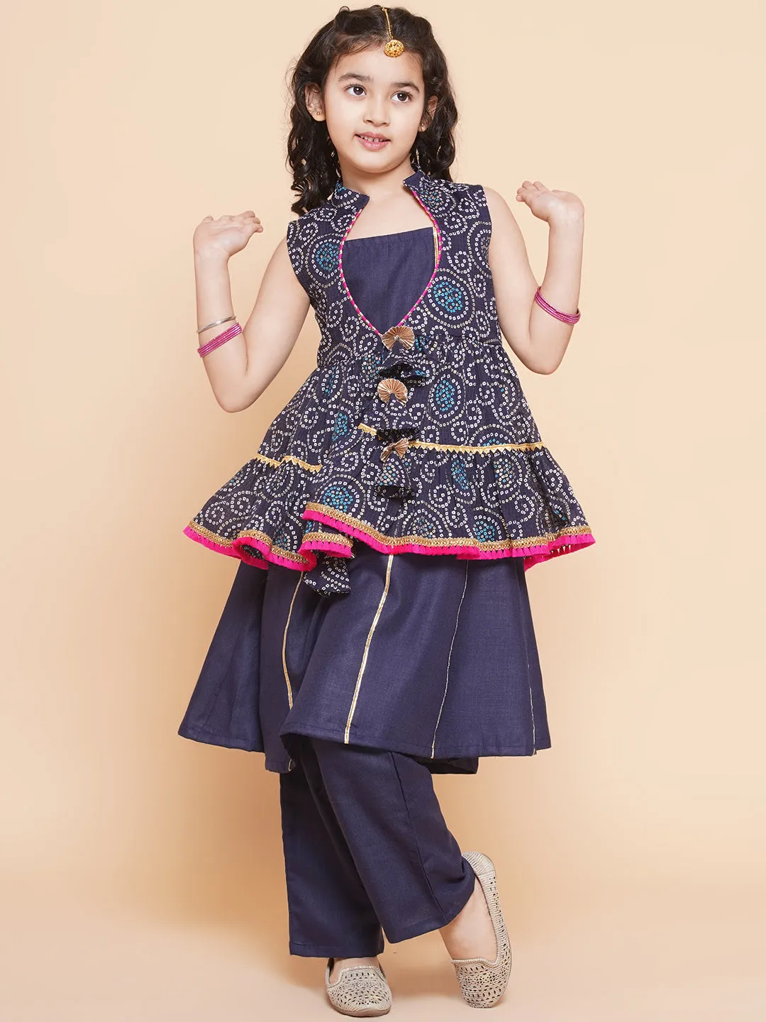 Girl's  Navy Blue Kurta Set  With Shrug - Bitiya By Bhama