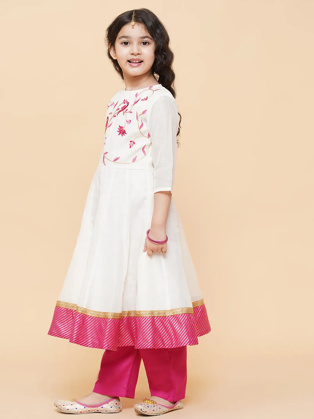 Girl's White Embroidered Anarkali  Kurta With Trouser & With Dupatta - Bitiya By Bhama