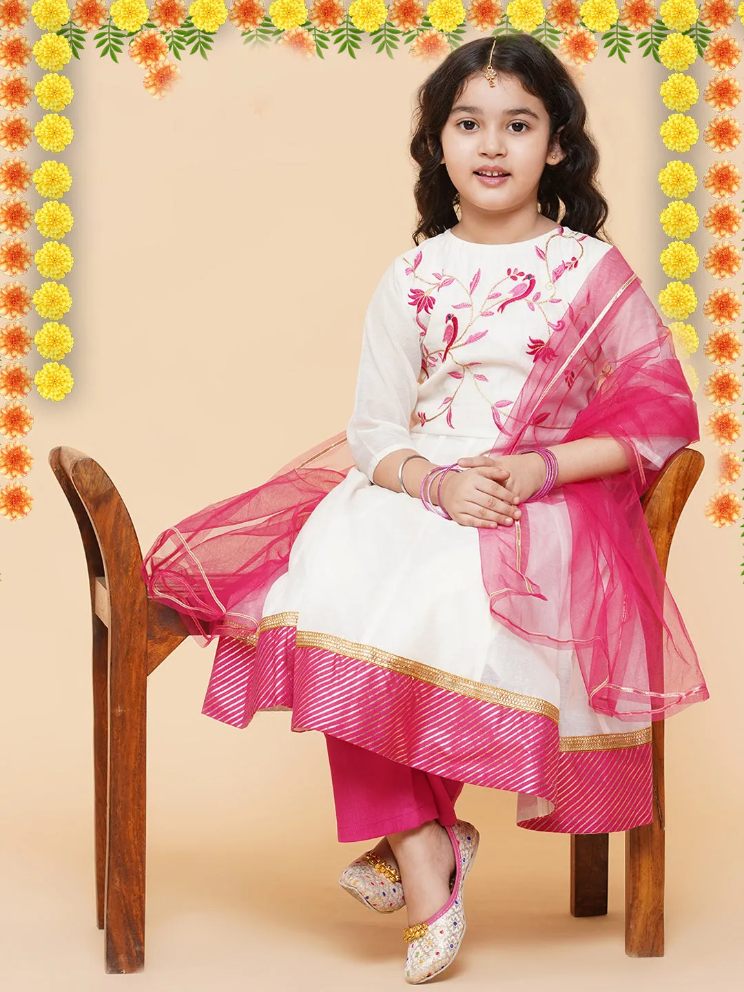 Girl's White Embroidered Anarkali  Kurta With Trouser & With Dupatta - Bitiya By Bhama