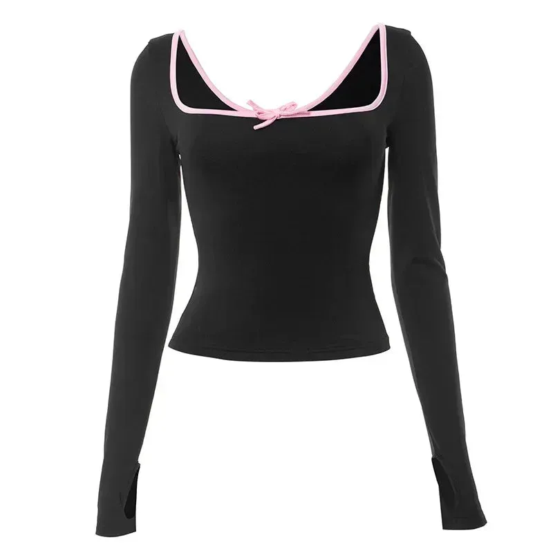 Japanese 2000s Style Y2k Tops Bow Hollow Backless Long Sleeve Tshirt Women Black White Tees Kawaii Girls P85-BF15
