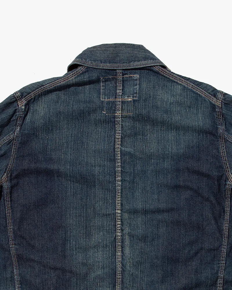 Japanese Repro Coverall Denim Chore Coat, Sugar Cane, Dark Blue with Distressed Pocket - L