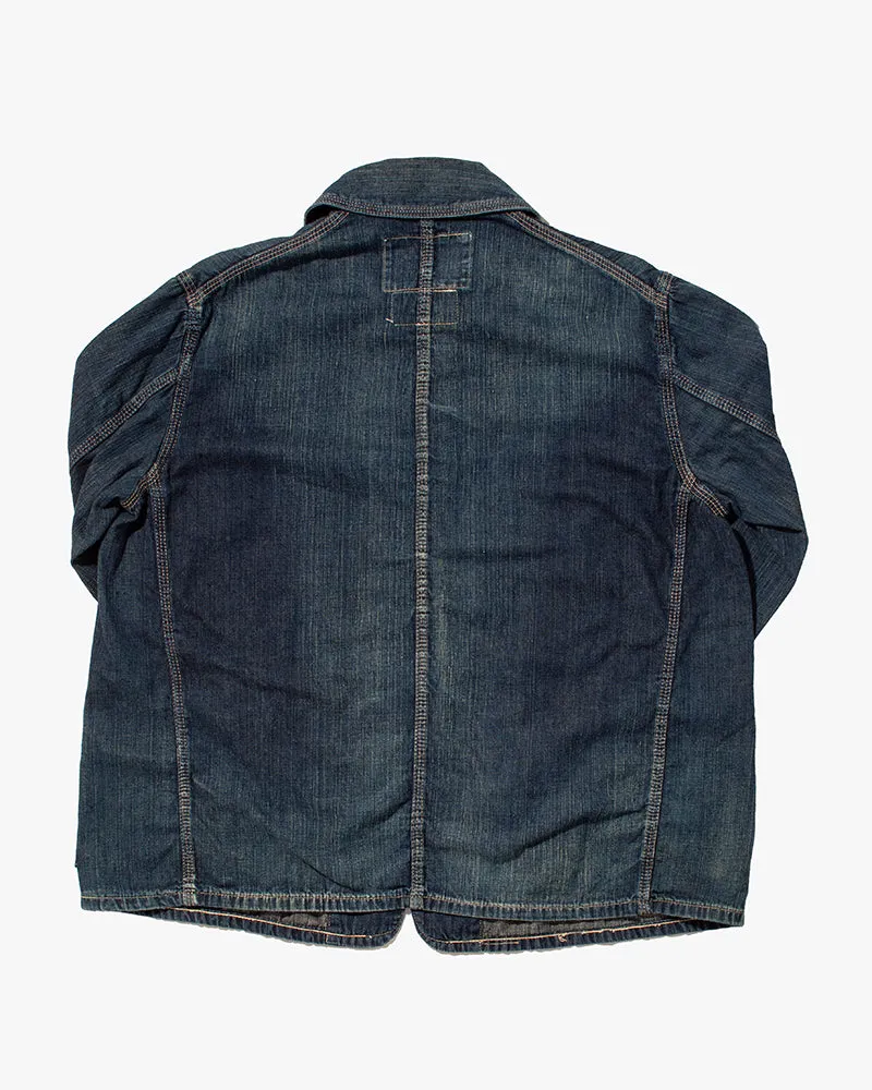 Japanese Repro Coverall Denim Chore Coat, Sugar Cane, Dark Blue with Distressed Pocket - L