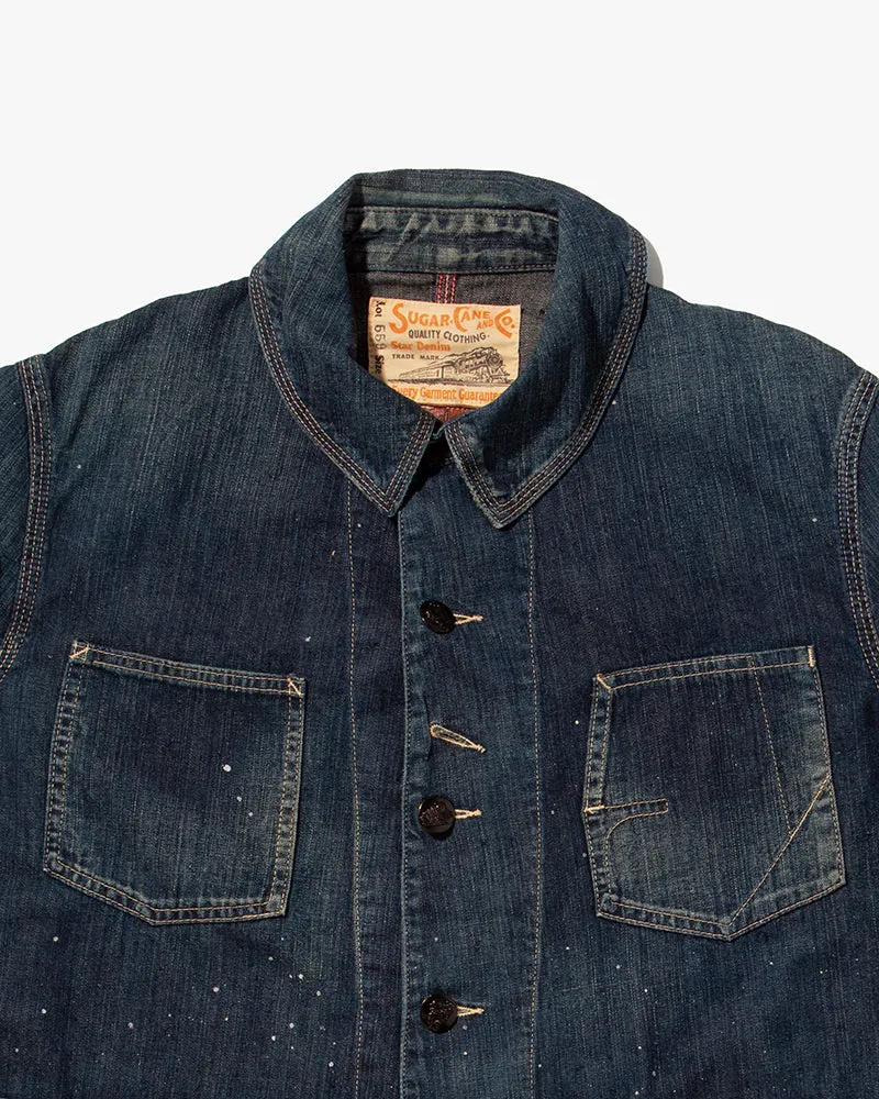 Japanese Repro Coverall Denim Chore Coat, Sugar Cane, Dark Blue with Distressed Pocket - L
