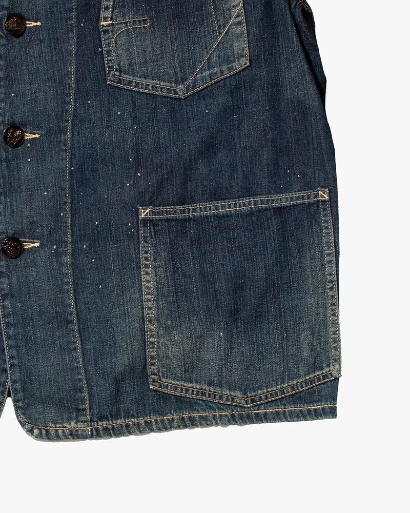 Japanese Repro Coverall Denim Chore Coat, Sugar Cane, Dark Blue with Distressed Pocket - L