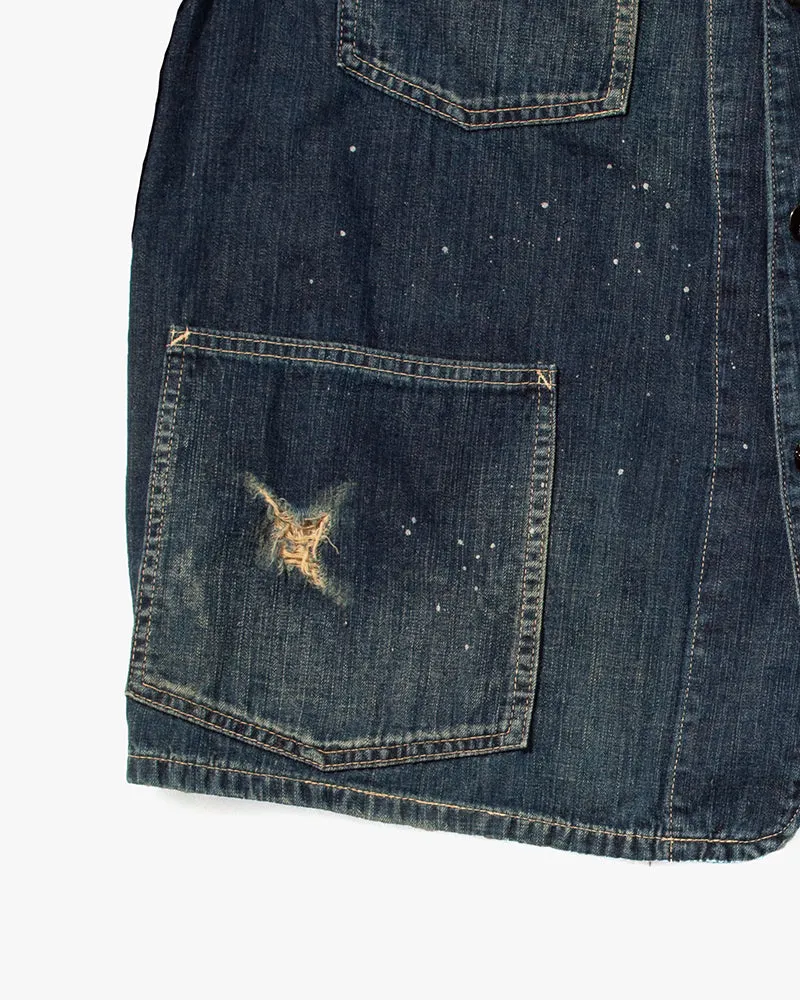 Japanese Repro Coverall Denim Chore Coat, Sugar Cane, Dark Blue with Distressed Pocket - L