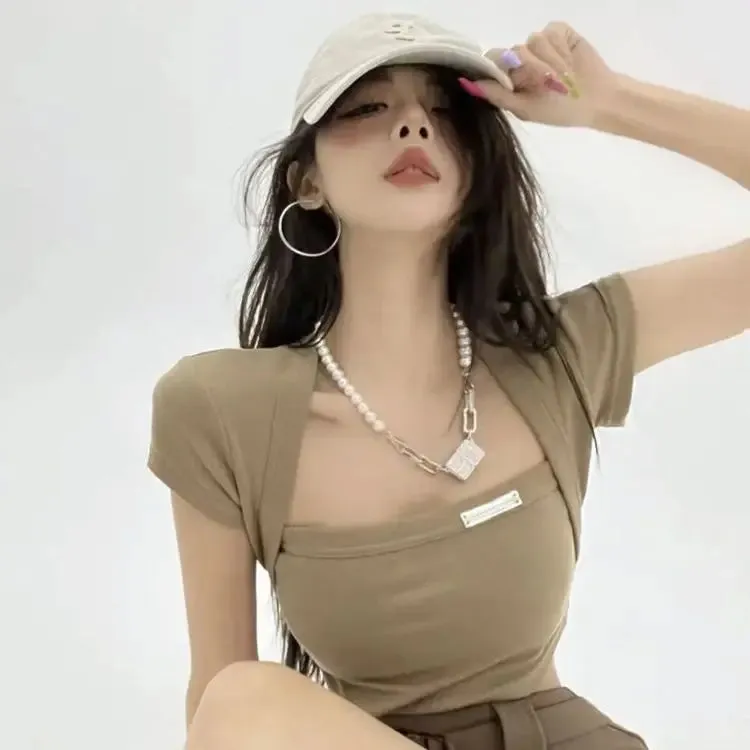 Korean Style Kpop Streetwear Ciop Tshirt Women Sexy Solid Crop Tops Y2k Harajuku Shirts Square Collar Tees Summer