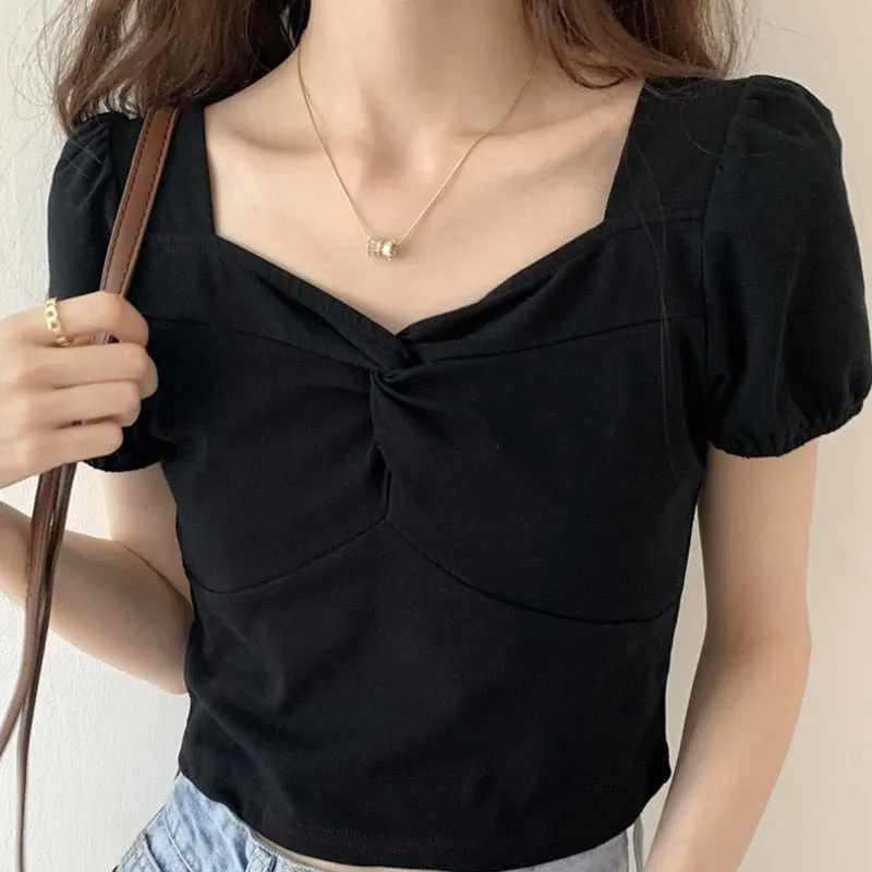 Korean Women Blouse Summer Square Collar White Short Sleeve Summer Pullover Crop Tops Designed Ladies Casual Shirts