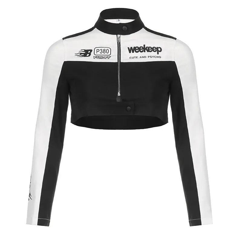 Locomotive Cool Tooling Stand Collar Zipper Short Jacket Letter Graphic Multicolor Printing Slimming Jacket