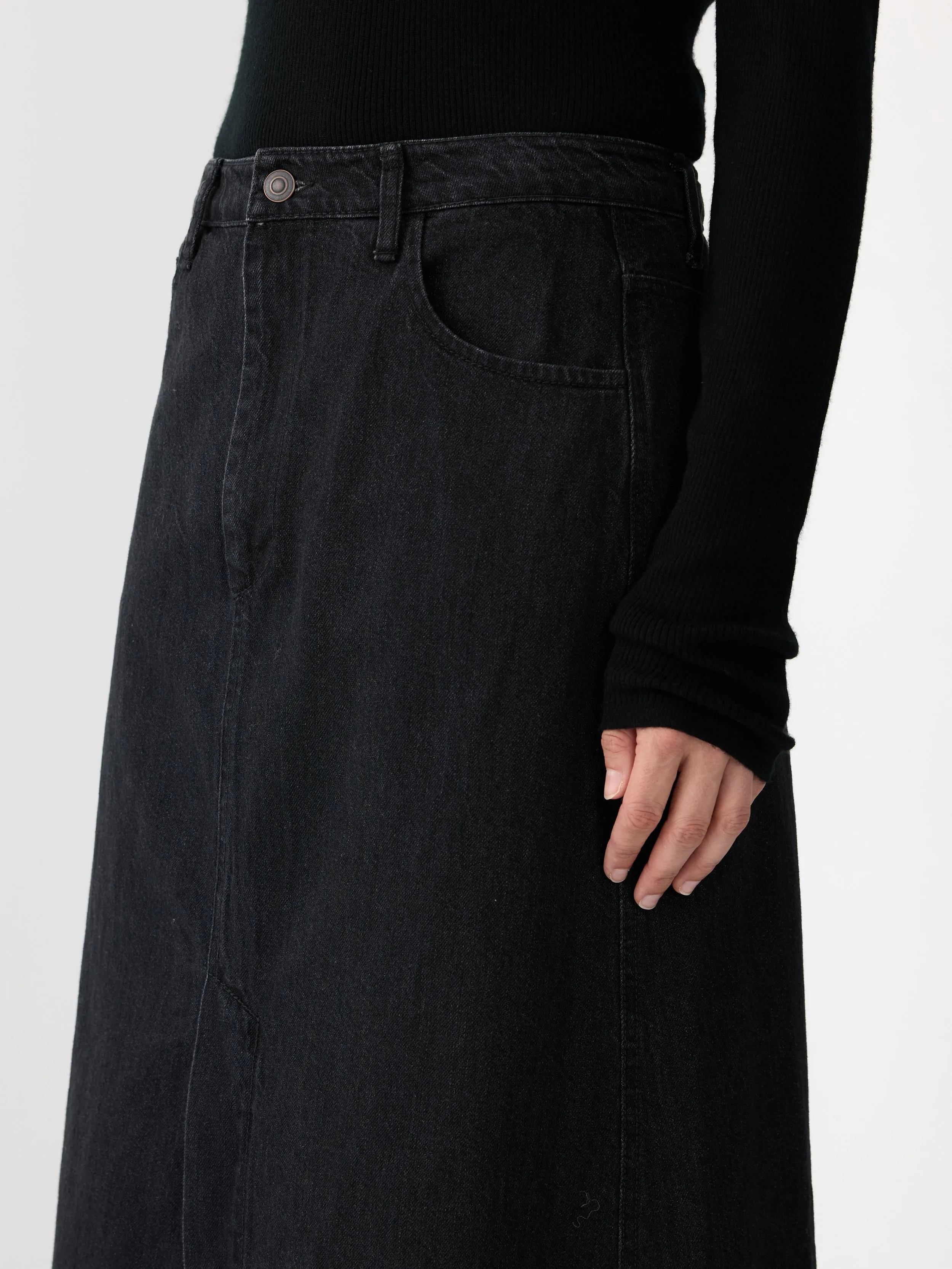 longerline denim skirt
