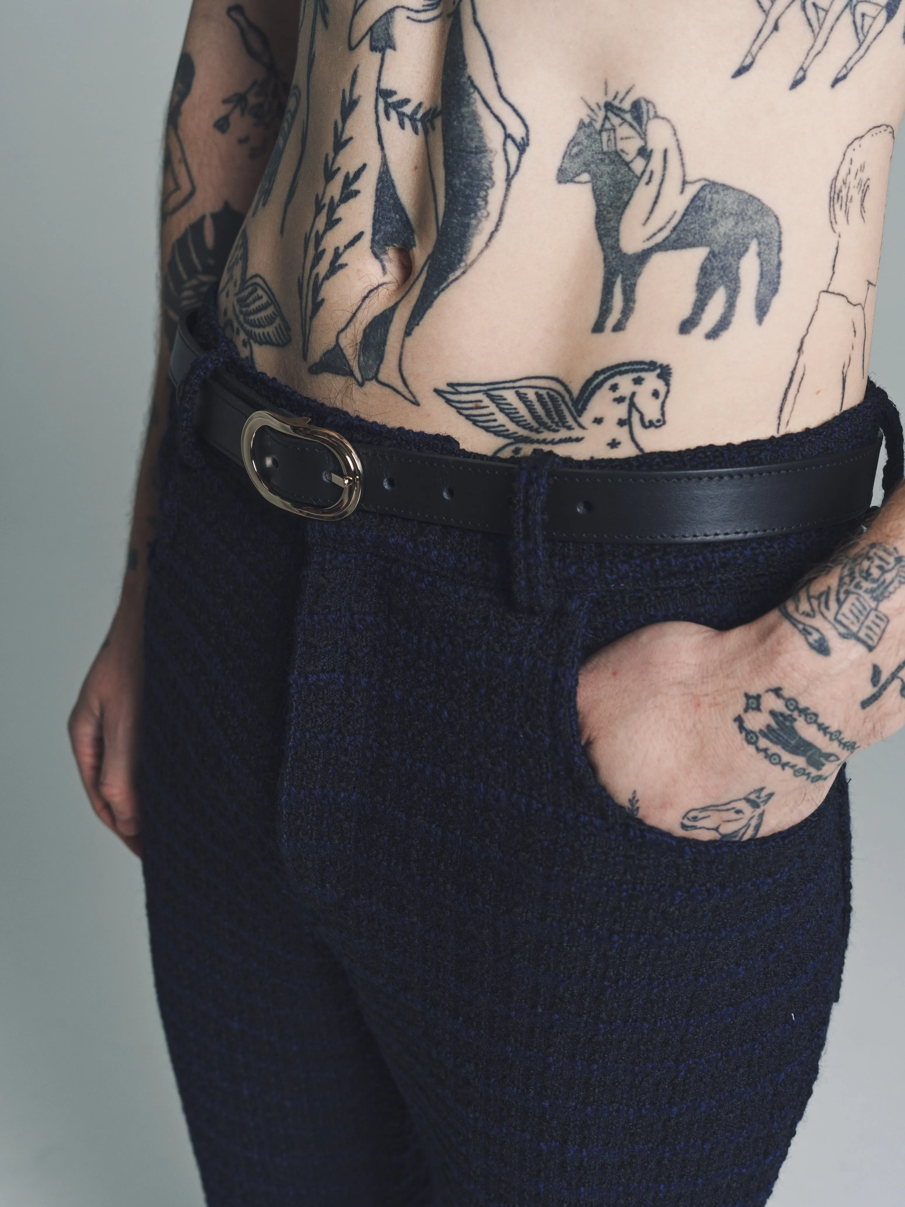 Navy Boucle Wool Five Pocket Flare Trousers