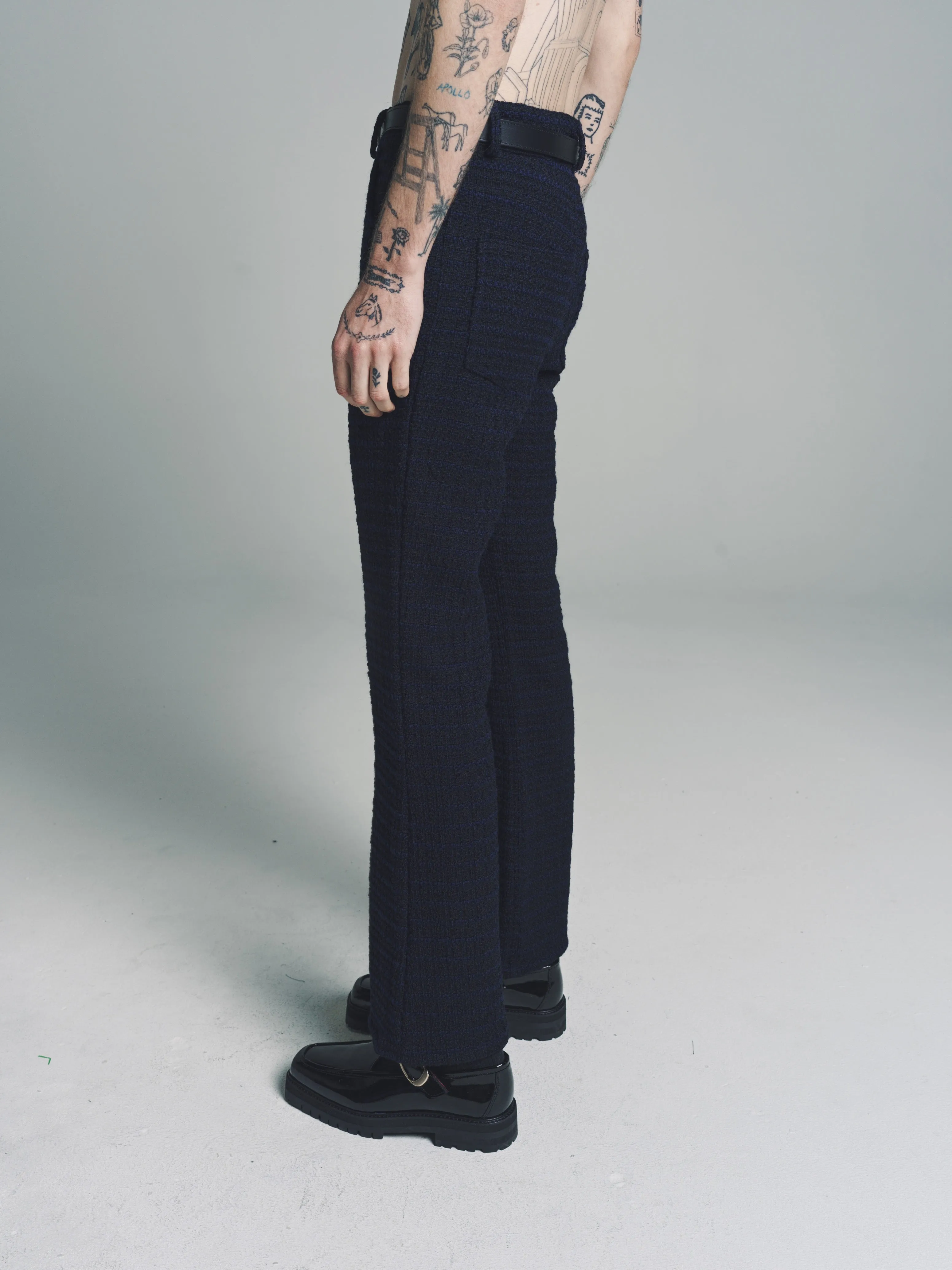 Navy Boucle Wool Five Pocket Flare Trousers