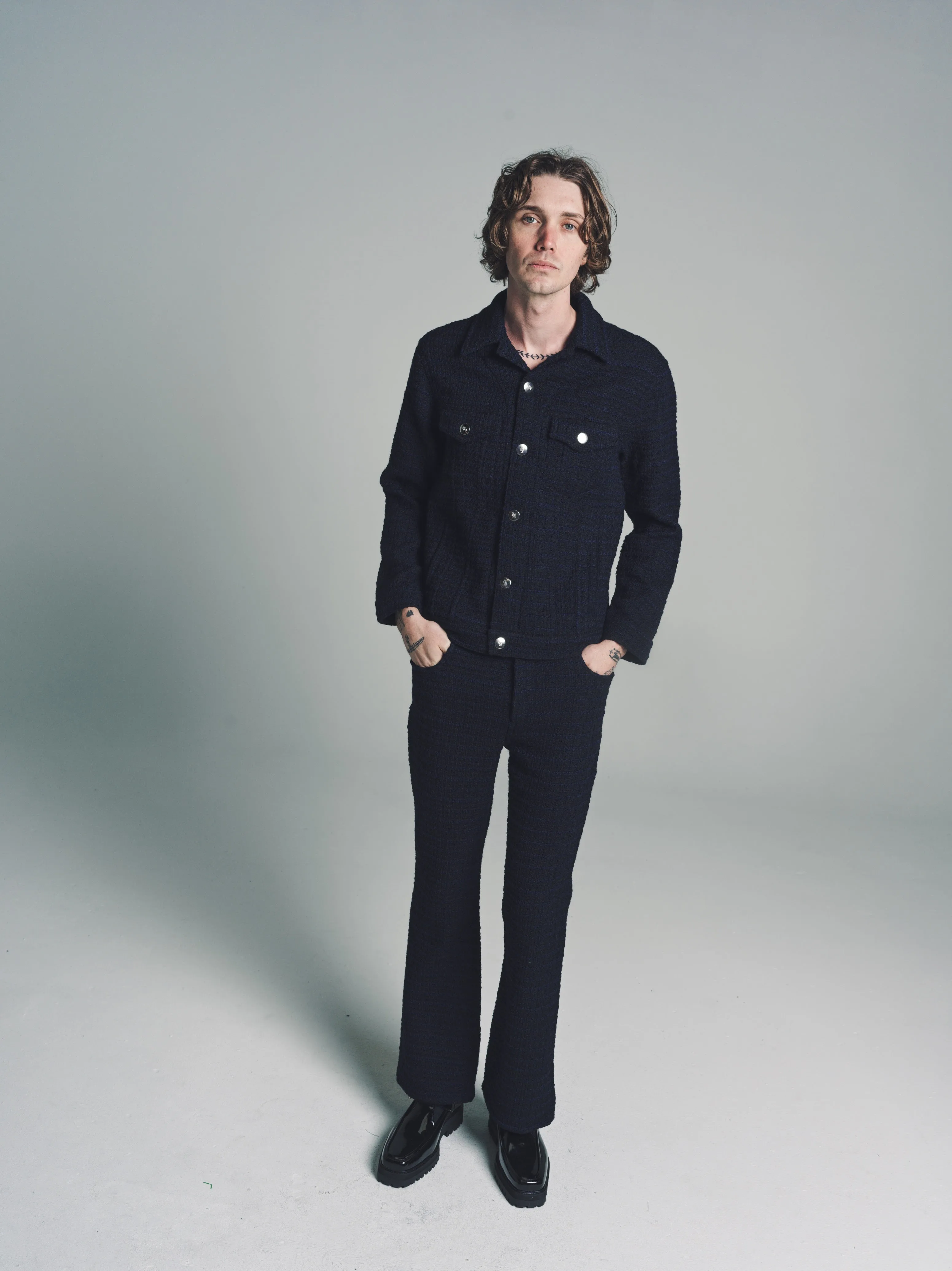 Navy Boucle Wool Five Pocket Flare Trousers