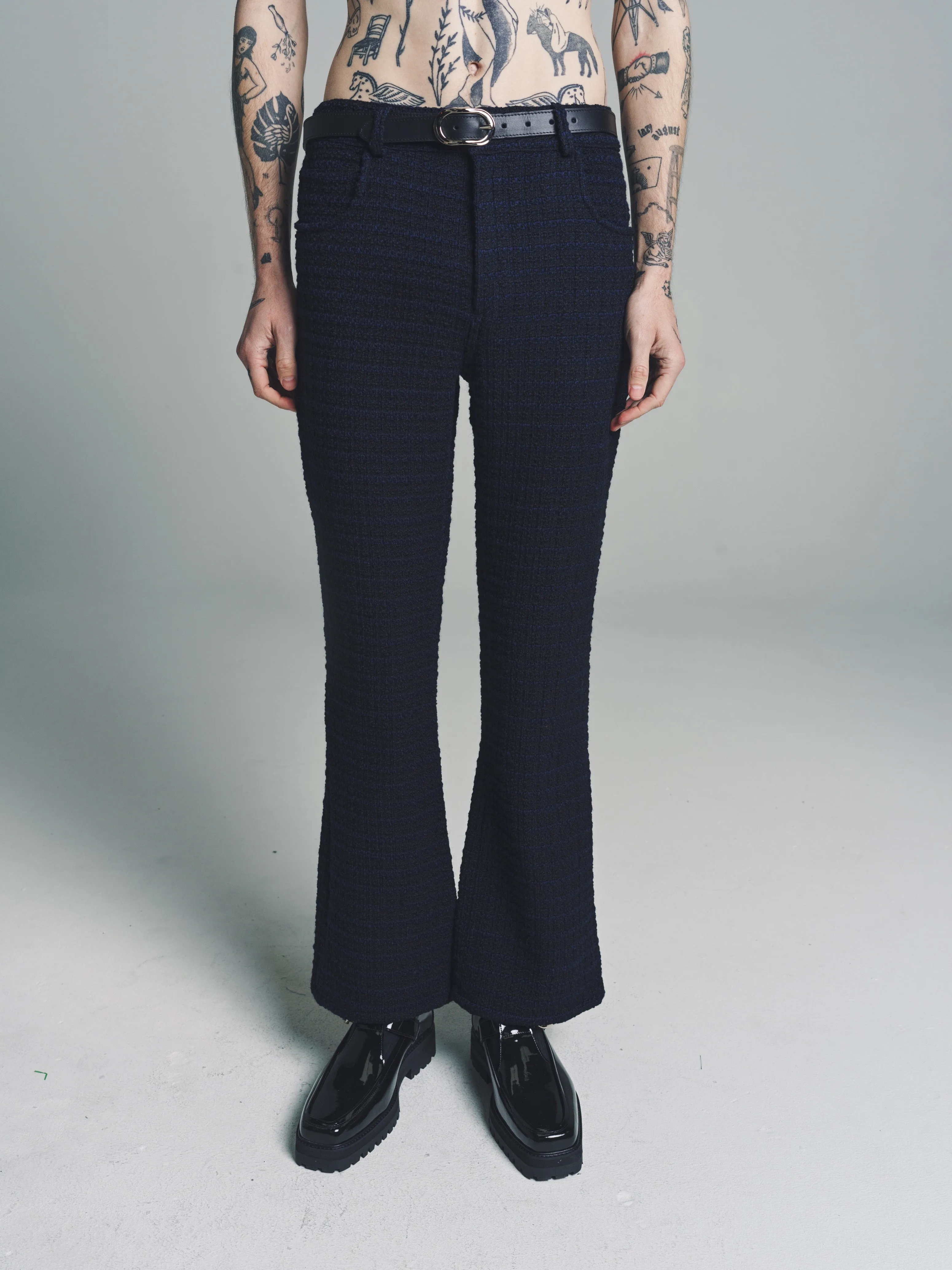 Navy Boucle Wool Five Pocket Flare Trousers