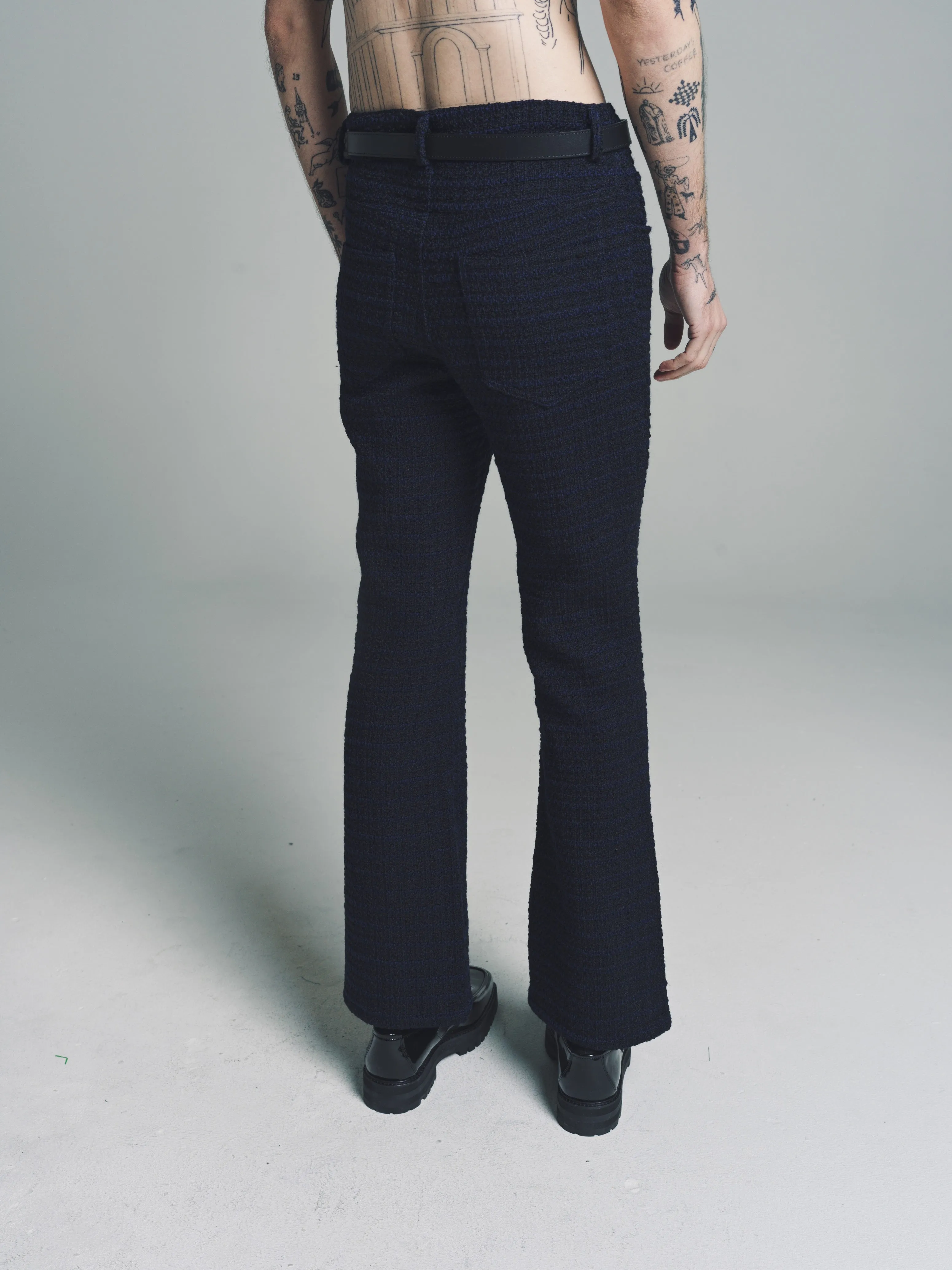 Navy Boucle Wool Five Pocket Flare Trousers
