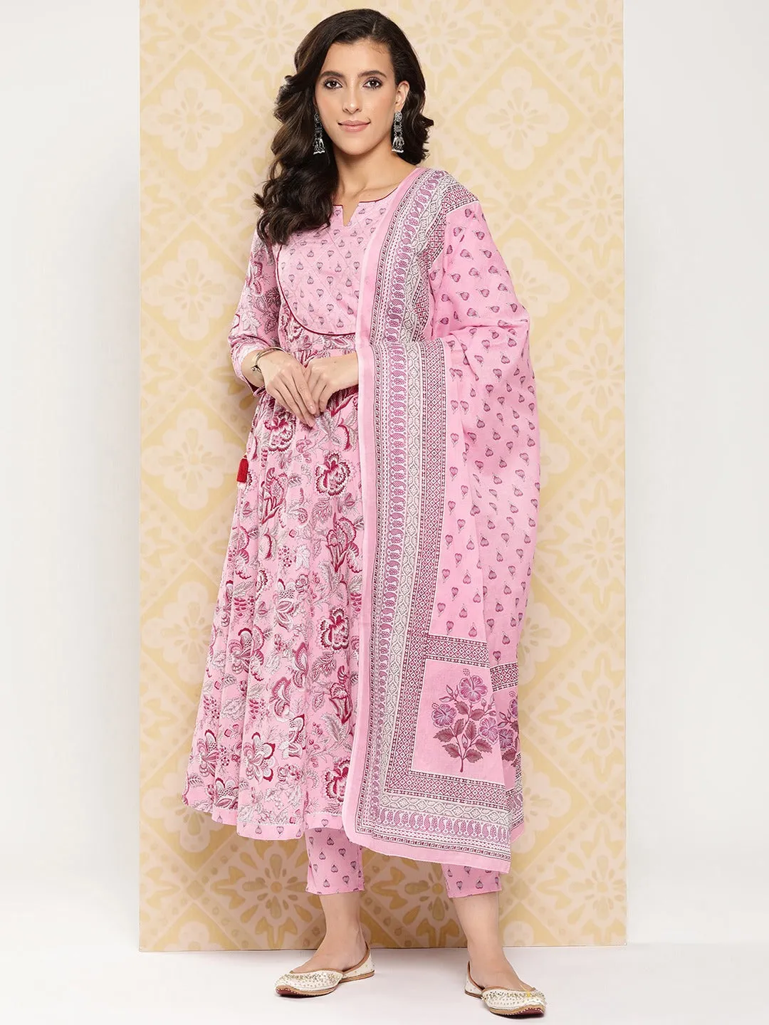 Pink Floral Printed Anarkali Sequinned Pure Cotton Kurta With Trousers & Dupatta
