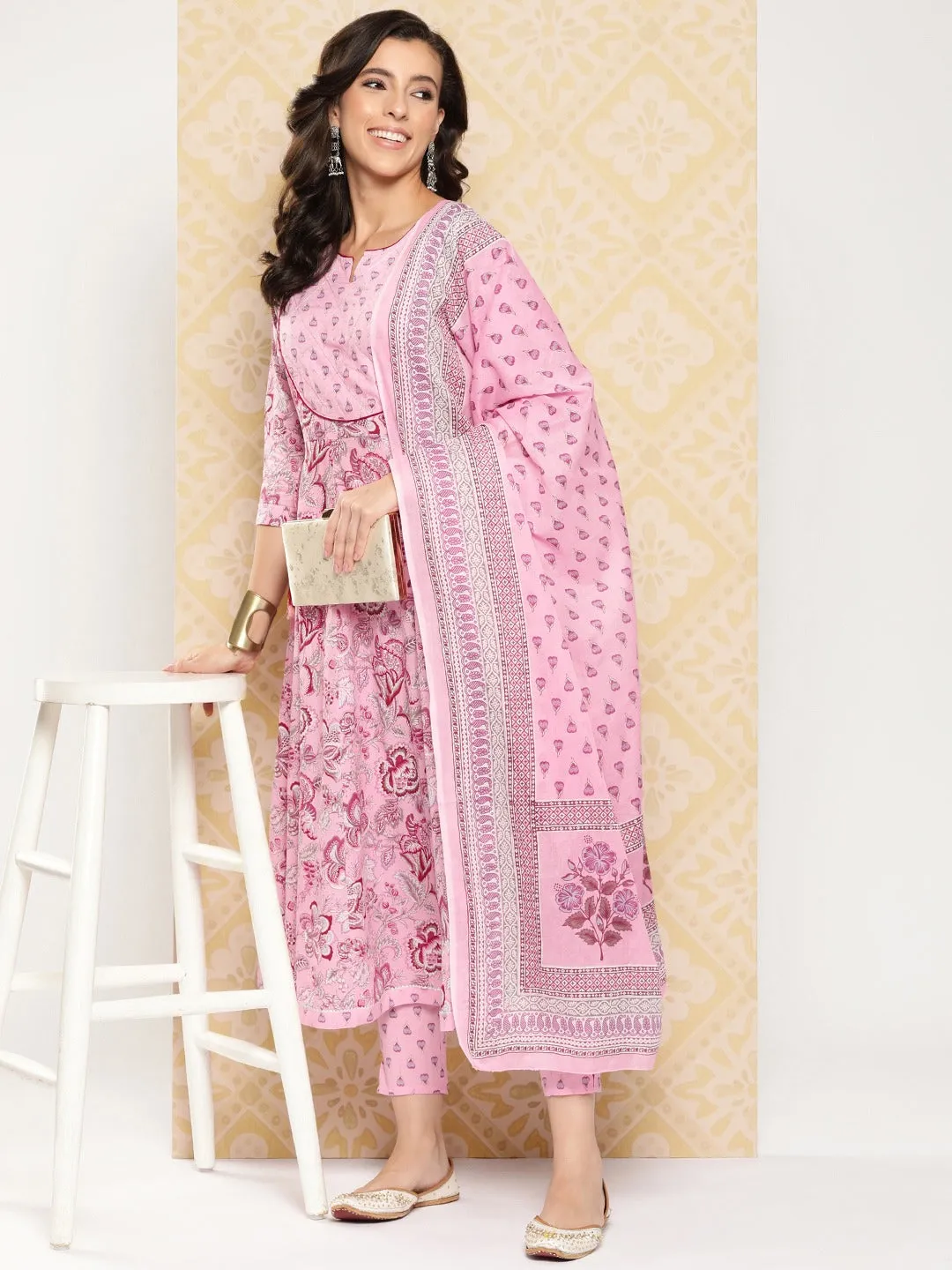 Pink Floral Printed Anarkali Sequinned Pure Cotton Kurta With Trousers & Dupatta