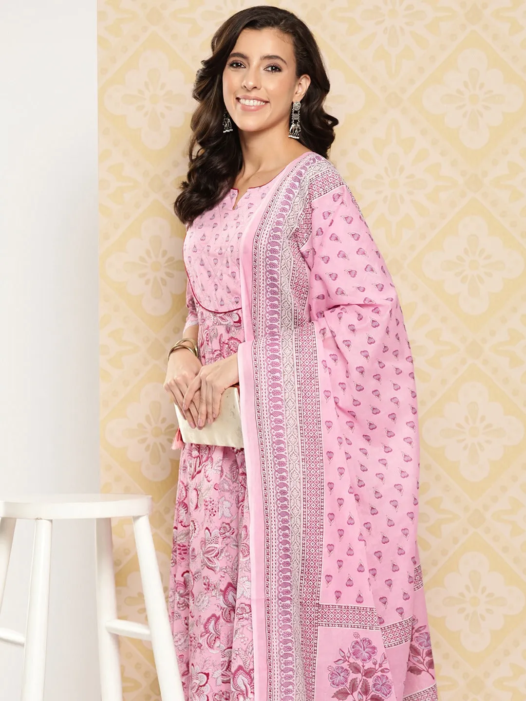 Pink Floral Printed Anarkali Sequinned Pure Cotton Kurta With Trousers & Dupatta