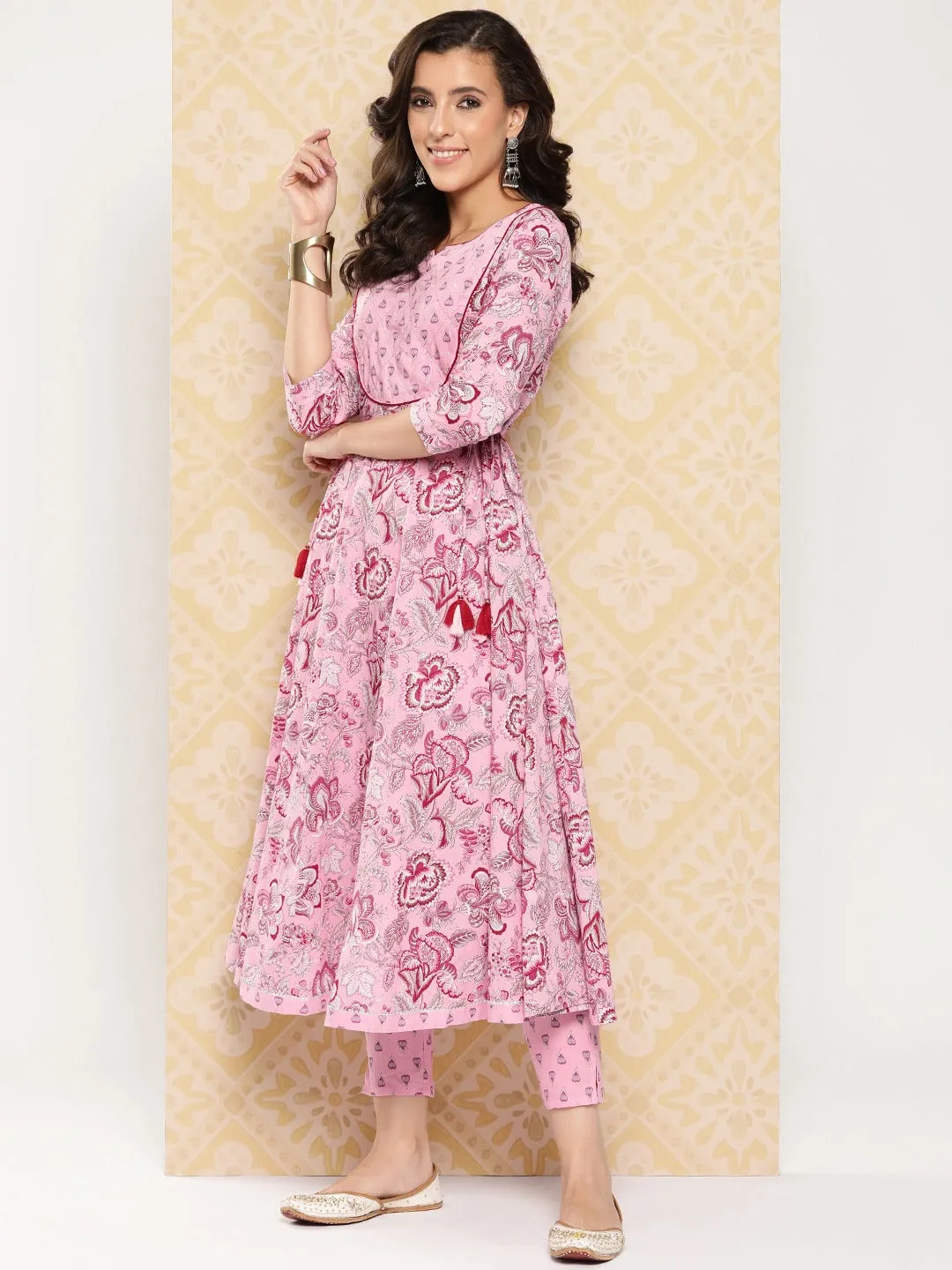 Pink Floral Printed Anarkali Sequinned Pure Cotton Kurta With Trousers & Dupatta