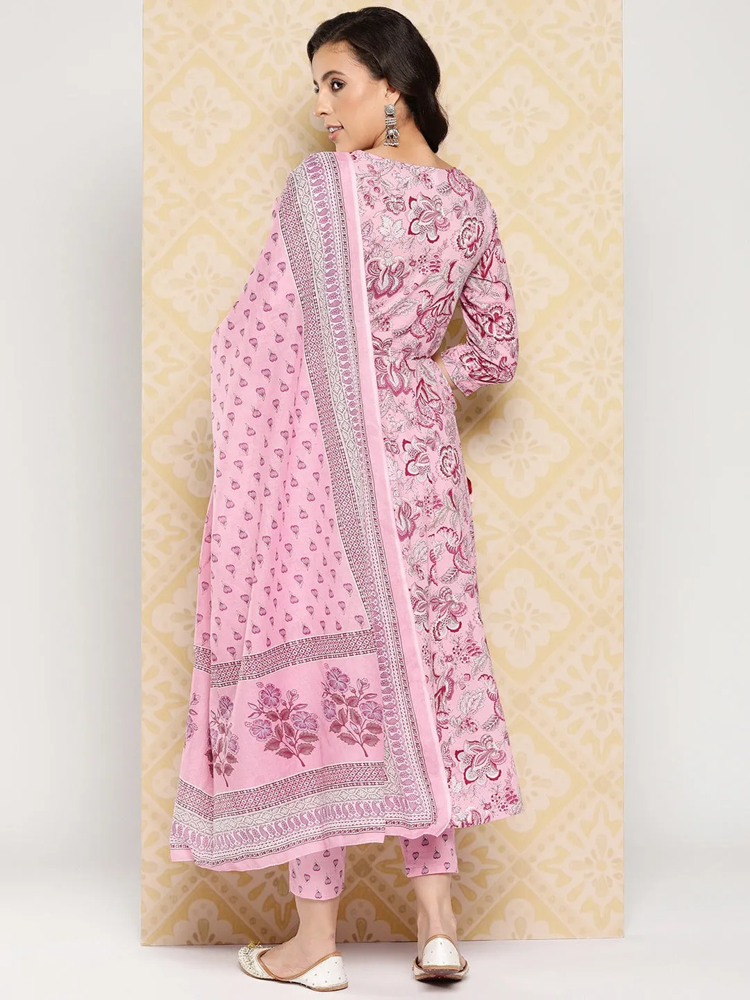 Pink Floral Printed Anarkali Sequinned Pure Cotton Kurta With Trousers & Dupatta