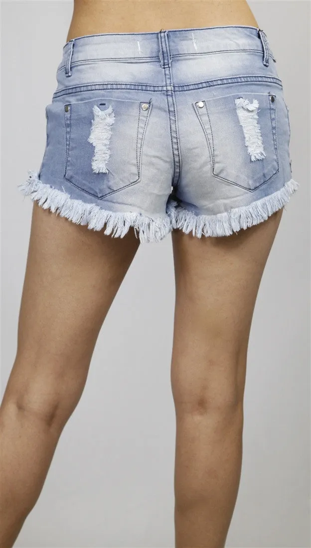 Reverse Distressed Bleached Denim Shorts