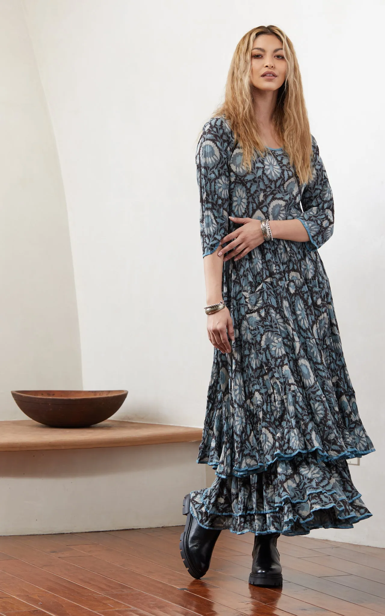Santa Fe Dress, Long, 3/4 Sleeve, Carico Floral
