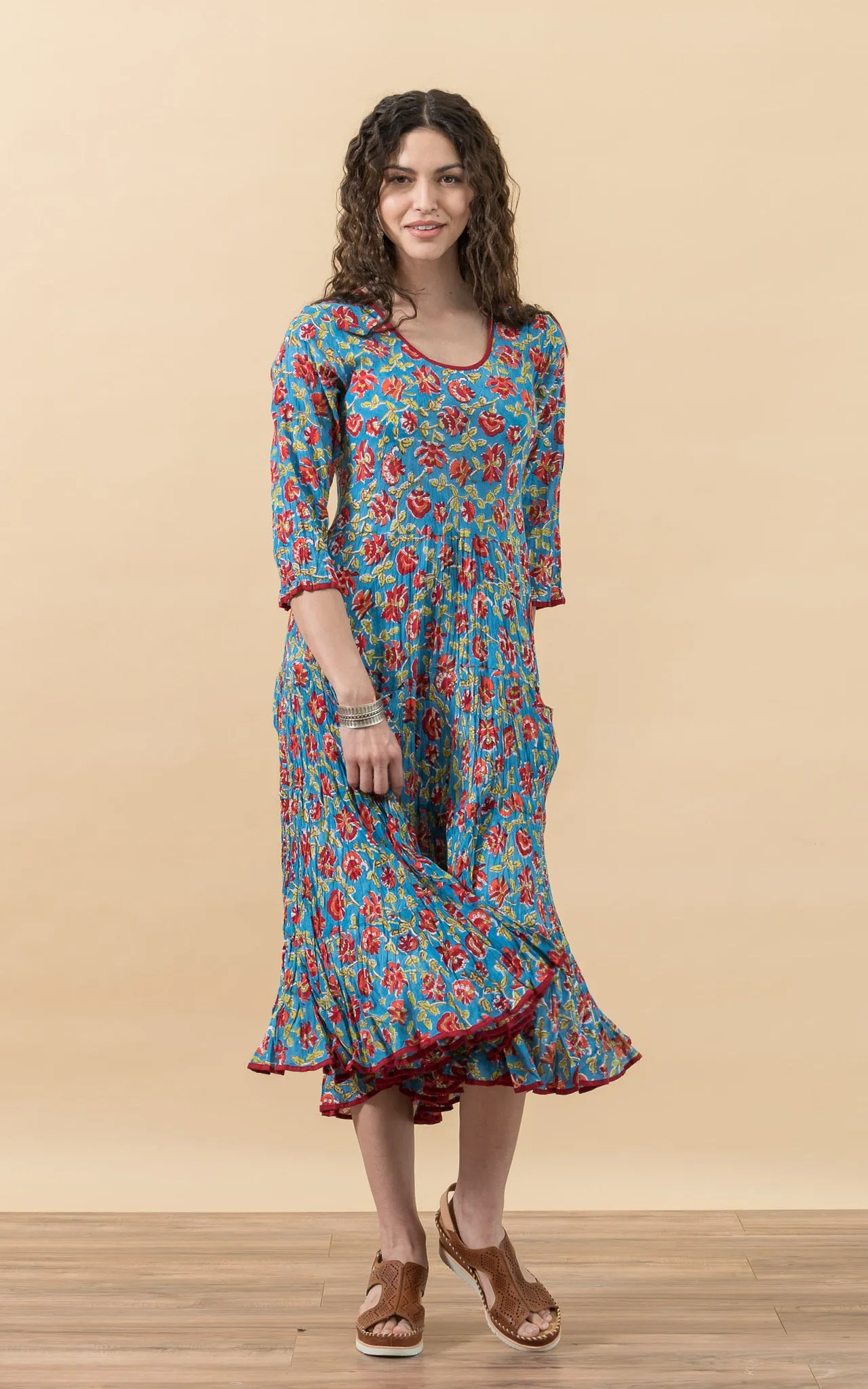 Santa Fe Dress, Long, 3/4 Sleeve, Fiesta Turquoise