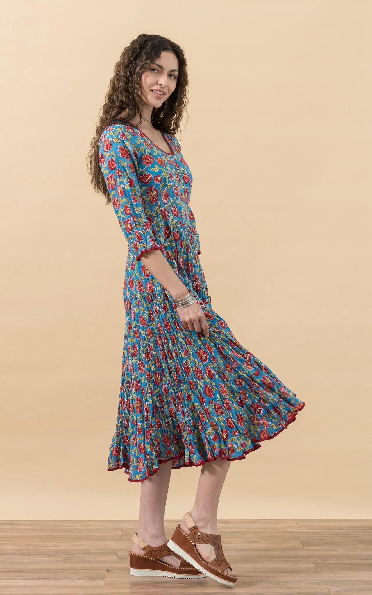 Santa Fe Dress, Long, 3/4 Sleeve, Fiesta Turquoise