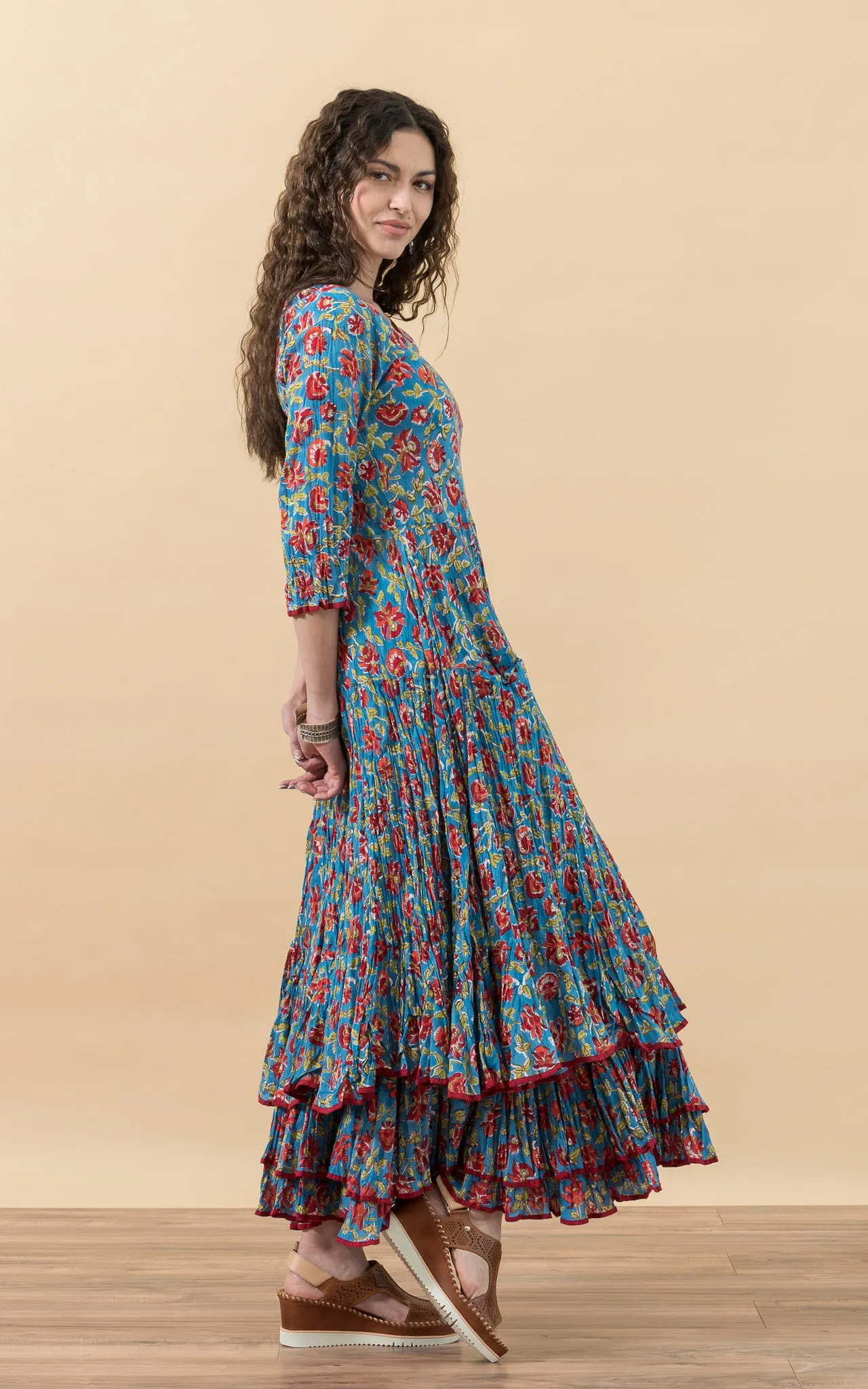 Santa Fe Dress, Long, 3/4 Sleeve, Fiesta Turquoise