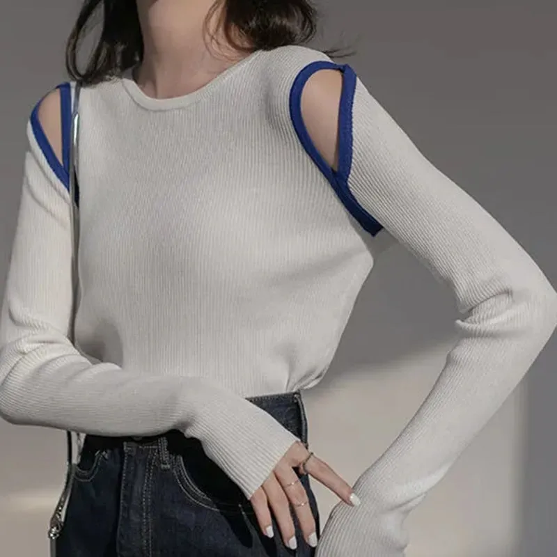 Sexy Hollow Out Women Sweater Autumn Pullover Casual O Neck Off Shoulder Knitted Jumper White Slim High Elastic Tops New
