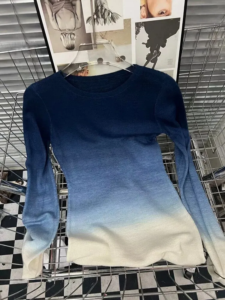 Slim Tie Dye Sweater For Women Round Neck Long Sleeve Colorblock Knitting Elegant T Shirts Female Clothing
