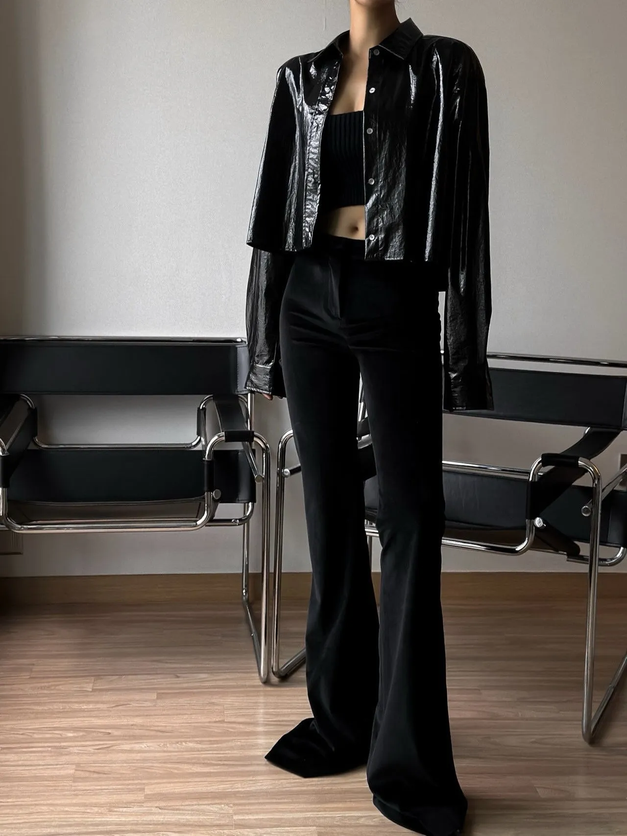 SMOOTH VELVET FLARED MAXI TROUSERS
