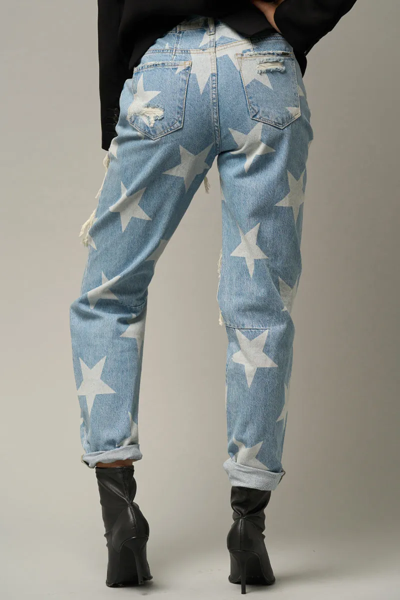 Star Print Design Ripped Slouch Jeans Light Denim