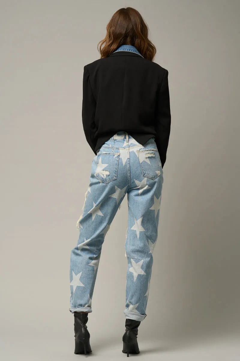 Star Print Design Ripped Slouch Jeans Light Denim