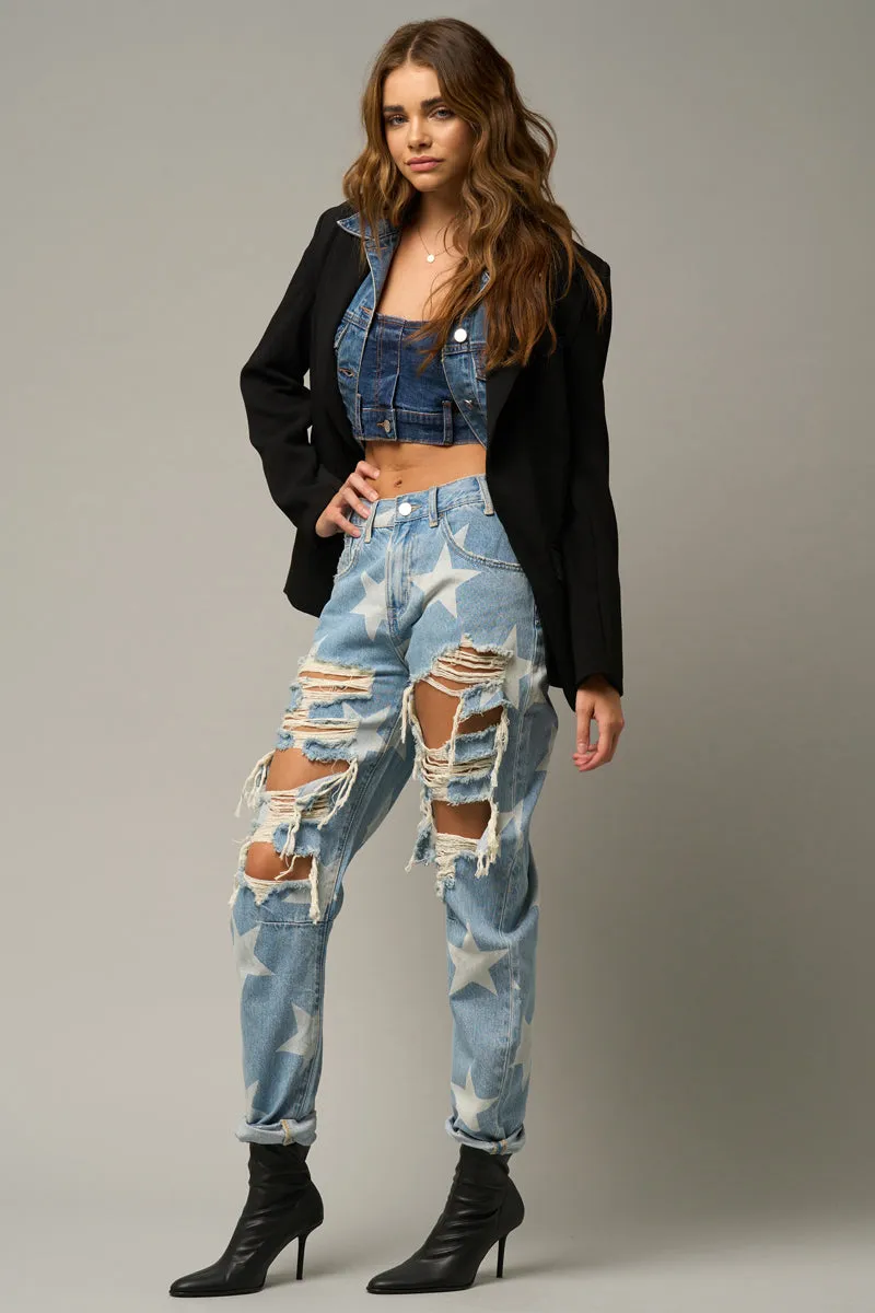 Star Print Design Ripped Slouch Jeans Light Denim
